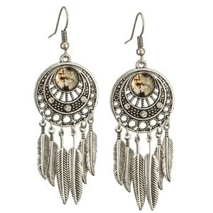 Dreamcatcher Feather Earrings Silver Jewelry Stone Boho Tassel Dream Catcher